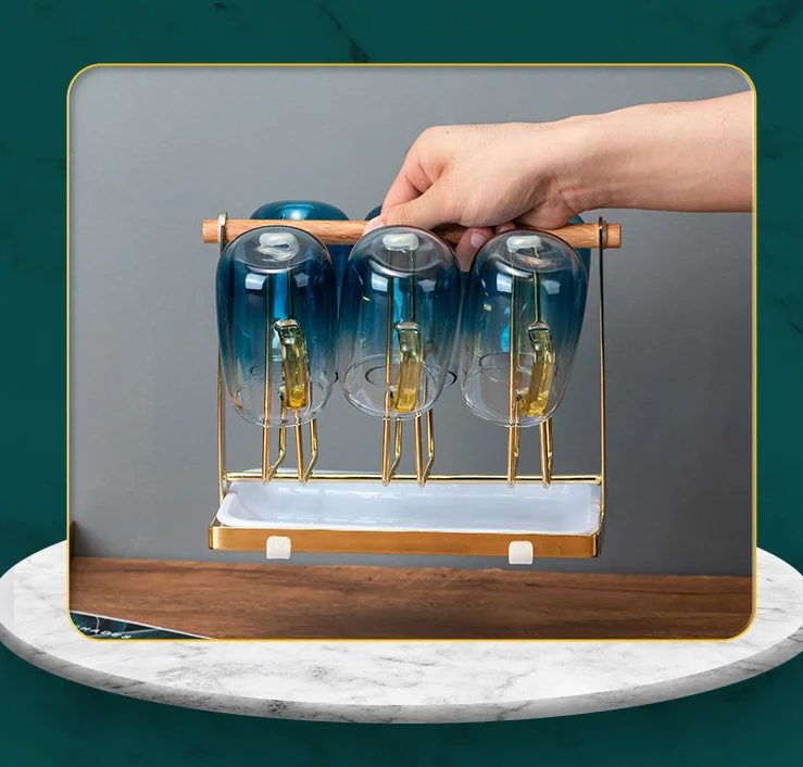 

Cup Drying Rack Stand with Drain Tray, Metal Bottle Drying Organizer with Wood Handle & Detachable Drip Tray for 6 Cups or Mugs