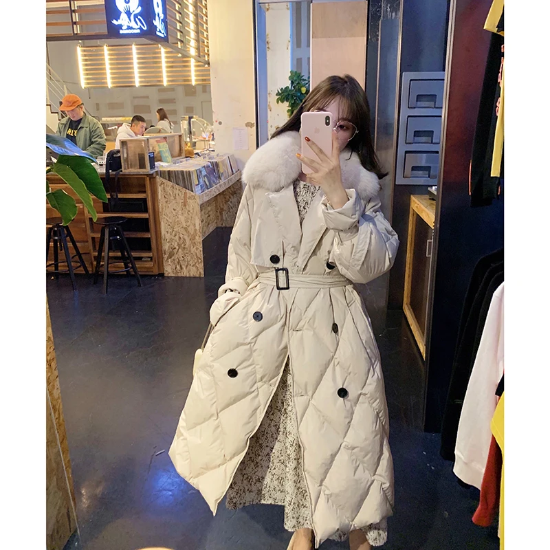 

Fitaylor Winter Women Real Fur Collar Hooded Long Down Coat Double Breasted 90% White Duck Down Parka Windebreaker With Belt