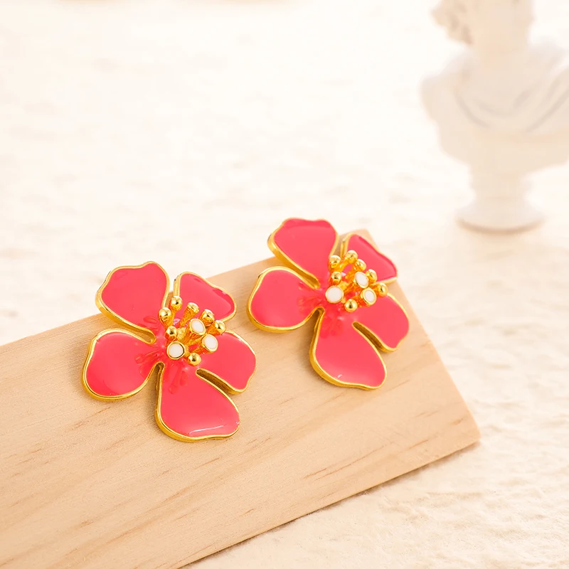 Tocona Charming Pretty Red Flowers Stud Earrings for Women Gilrs Gold Alloy Metal Party Jewelry Wholesale 14336 | Украшения и