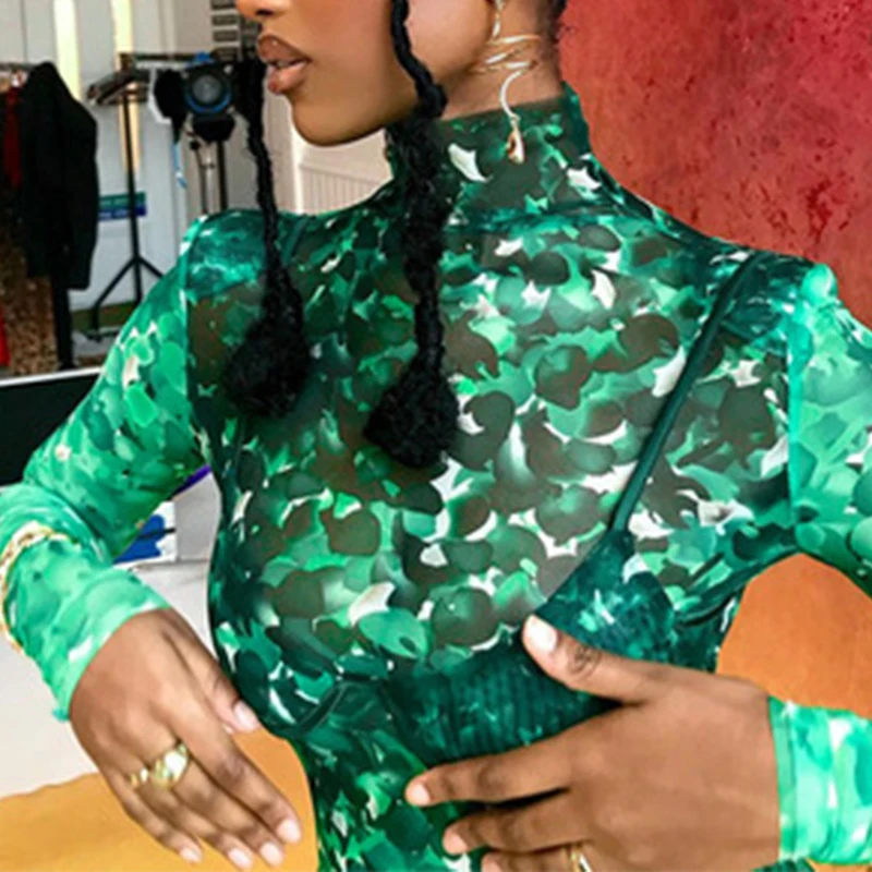 

2021 New Green Printed Turtleneck Women's Tops Summer Light Mesh Breath Female T Shirts Party Club Long Sleeve Irregular Tees