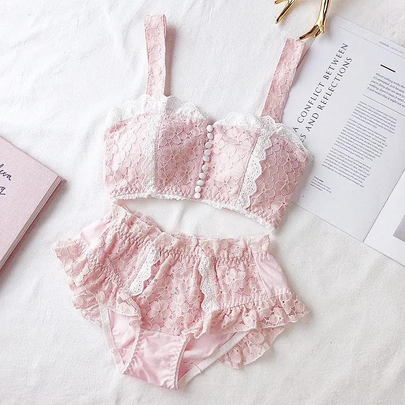 Japanese Girl Lolita Button Front Button Cotton Lace Tube Top Bra Set White Kawaii Retro Sweet Style No Steel Ring Underwear