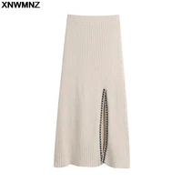 xnwmnz women 2021 fashion with stitching side split knit skirt elegant chic high elastic waist knitted midi female skirts mujer