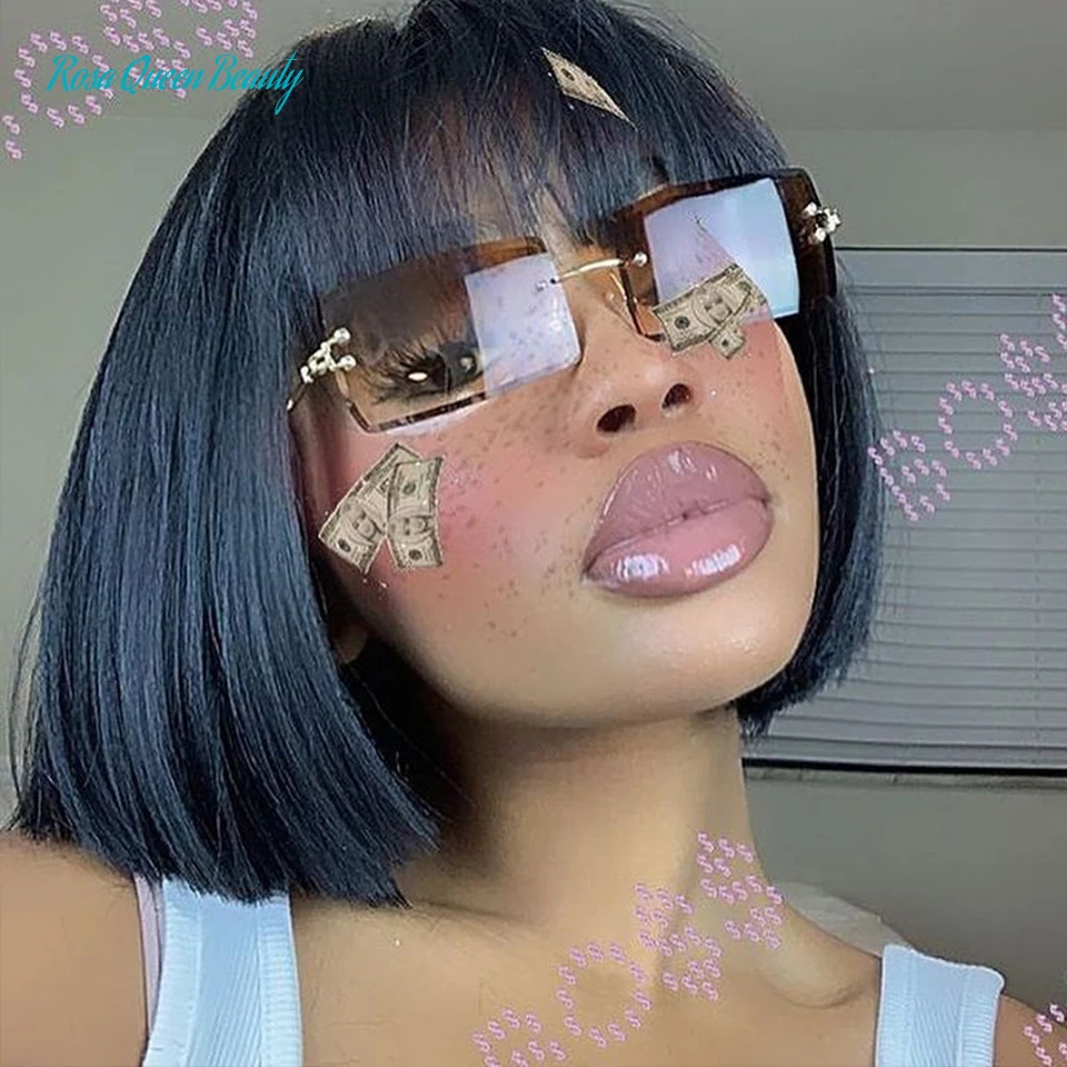 

Rosa Queen Beauty Short Bob Human Hair Wigs with Bangs Brazlian Straight Hair Machine Made Bob Wig for Black Women Natural color