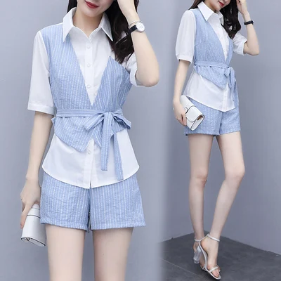 

Fake Two Top And Shorts Splicing Women Plus Size Suits And Sets Striped Womens Matching Set Women's Summer Suit Woman Suit