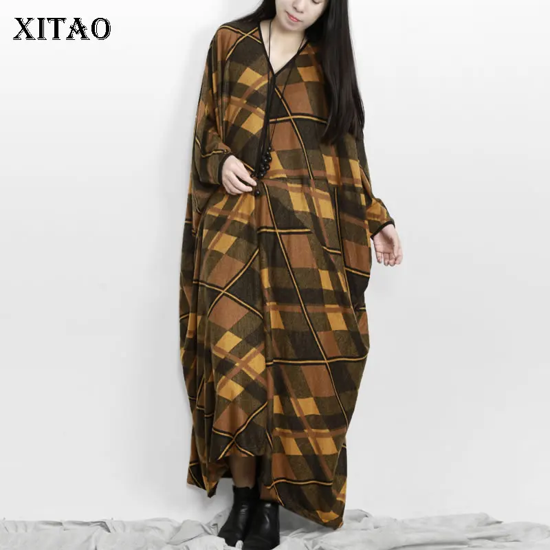 

XITAO платье в этническом стиле 2021 осень новый большой размер свободный рукав летучая мышь v-образный вырез длинный Повседневный темперамент ...