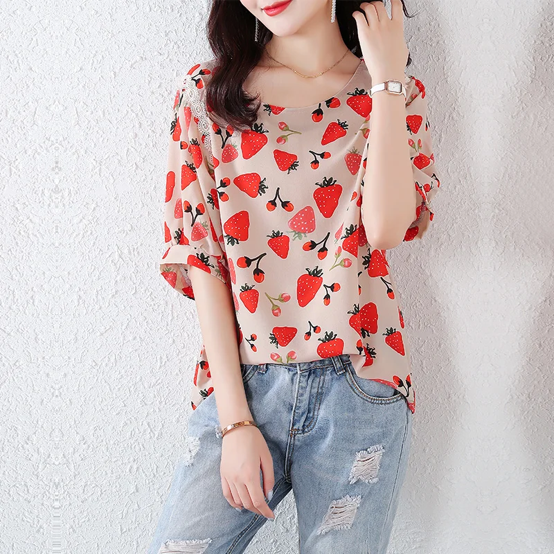

Floral Print Ruffle Blouse Shirts Office Lady 2021 Summer Short Sleeve Slim Blouses Women Sexy Tops Plus Size Chiffon Blouses