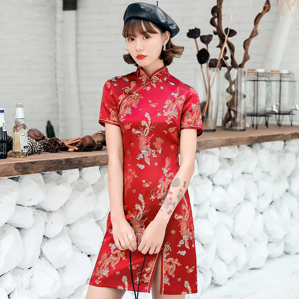 

Women Red Knit Dragon Novelty Satin Chinese Dress Classic Mandarin Collar Short Cheongsam Vestidso Qipao Evening Party Gown