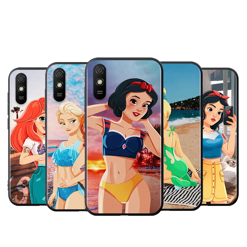 

For Xiaomi Redmi K40 Gaming K30i K30T K30S K30 Ultra K20 10X Pro 5G Black Phone Case Disney Beach Princess Silicone Cover