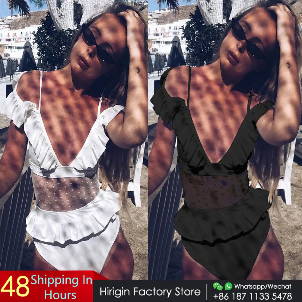 

Слитный купальник в горошек с оборками и сеткой, женский купальник, 2019, бикини пуш-ап с вкладышами, женский купальный костюм, пляжная одежда, ...