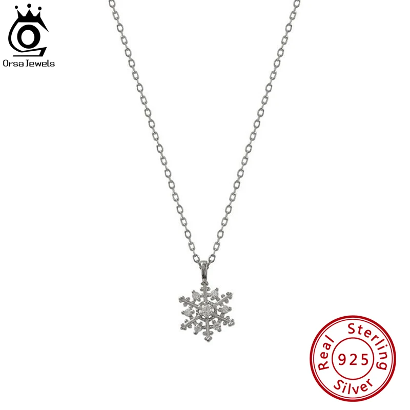 

ORSA JEWELS 925 Sterling Silver Snowflake Pendants Necklace for Women with AAAA CZ Trendy Christmas Necklace Jewelry Gift HON01