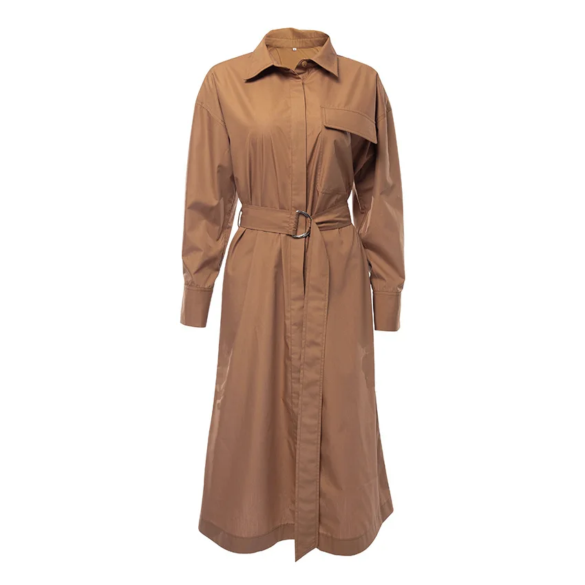 

2020 new long sleeve Lapel Brown shirt dress Casual Dress Fashion Office Lady Solid for Sashes Ladies dress Vestidos Femme