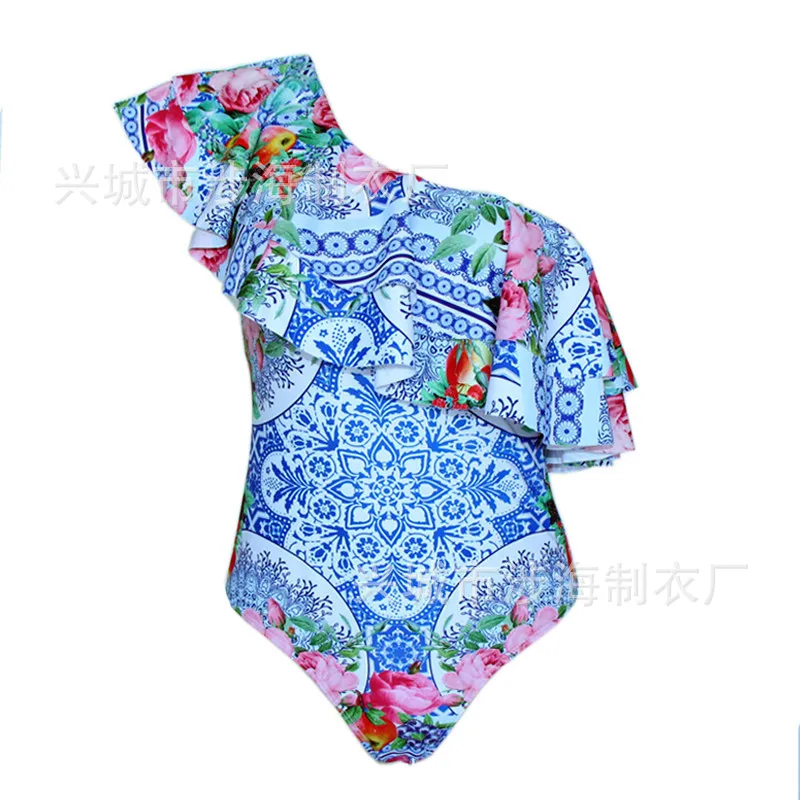 

19 new one piece swimsuit women's double Ruffle print conservative Swimsuit Bikini women