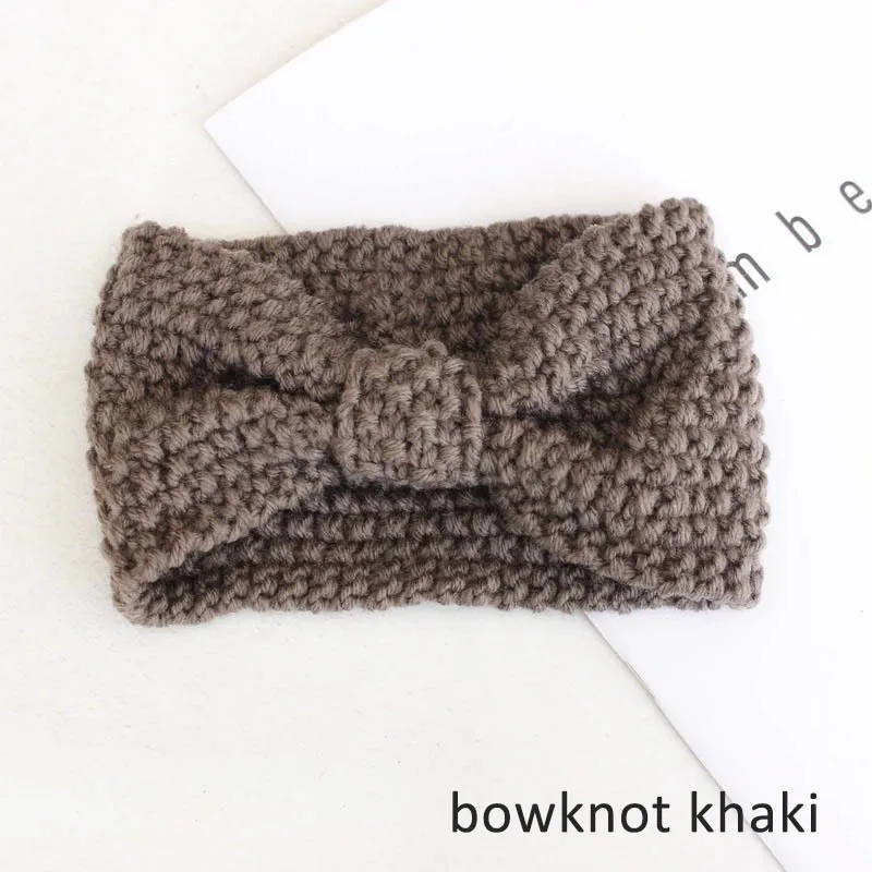 bowknot khaki Женская повязка на голову, зимняя теплая вязаная повязка на голову с ушками, вязаная повязка на голову с бантом, широкая растягивающаяся повязка на голову, широкий тюрбан, повязка на голову для девочек - Цвет: bowknot khaki
