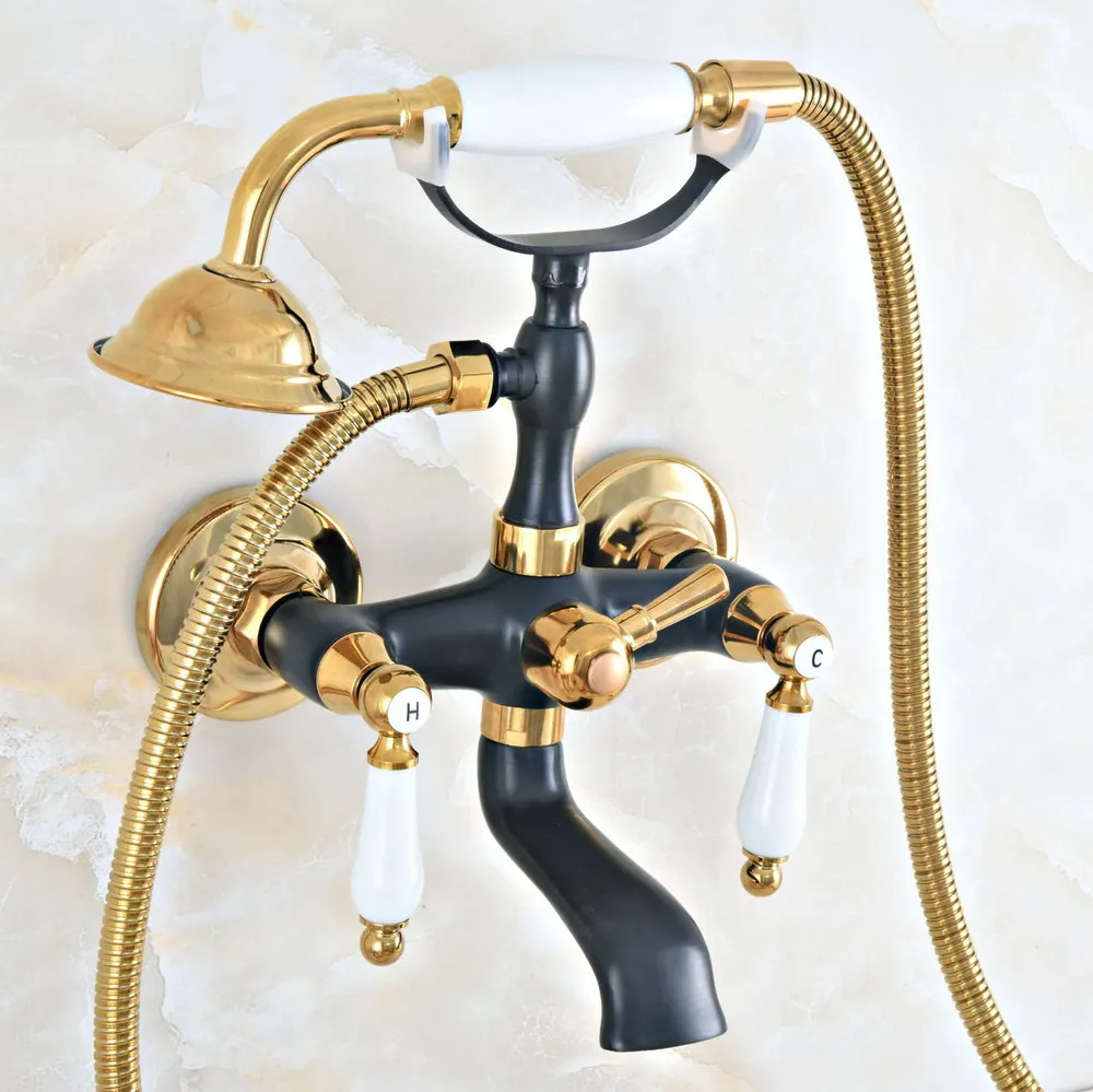 

Black Gold Color Brass Wall Mount Bathroom Tub Faucet Dual Ceramic Levers Telephone Style Hand Shower Clawfoot Tub Filler ana421