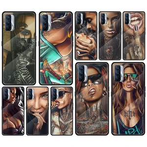 sexy sleeve tattoo girl tempered glass cover for realme 7 7i xt c3 6 5 pro for oppo a9 2020 a52 find x2 lite phone case free global shipping