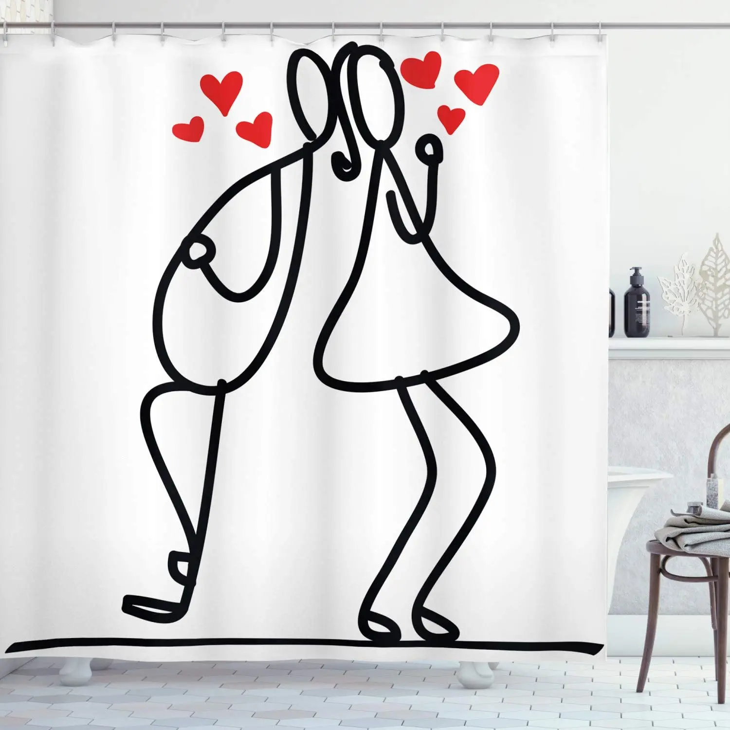

Valentine Shower Curtain Cartoon Style Hand Drawn Romantic Couple with Little Red Hearts Love Theme Bathroom Decor Set with Hook