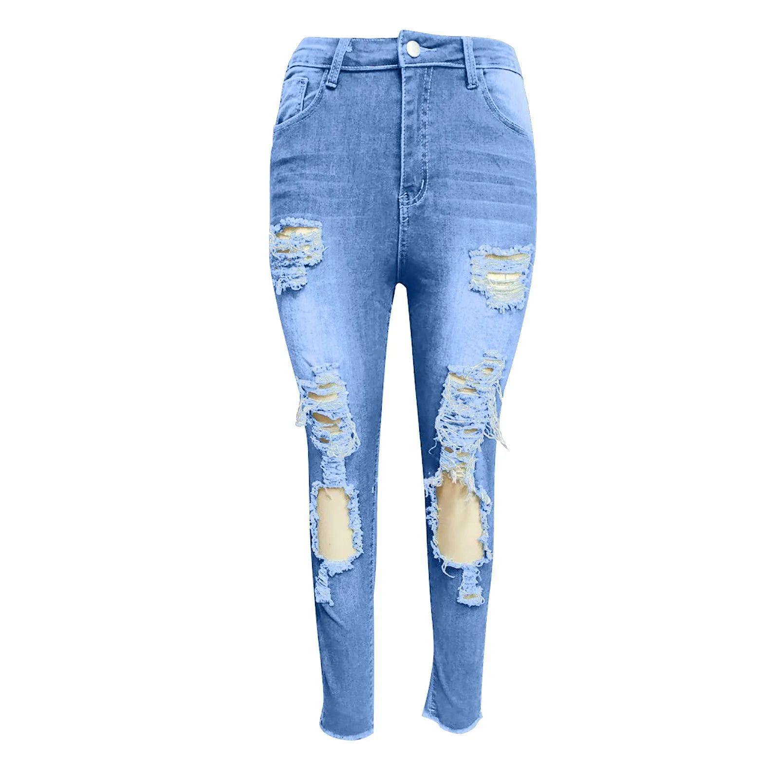 

Plus Size Women's Elasticity High Waist Jeans Butt Lift 3 Button Slim Skinny Ripped Holes Denim Pants S-5XL Wholesales Trousers