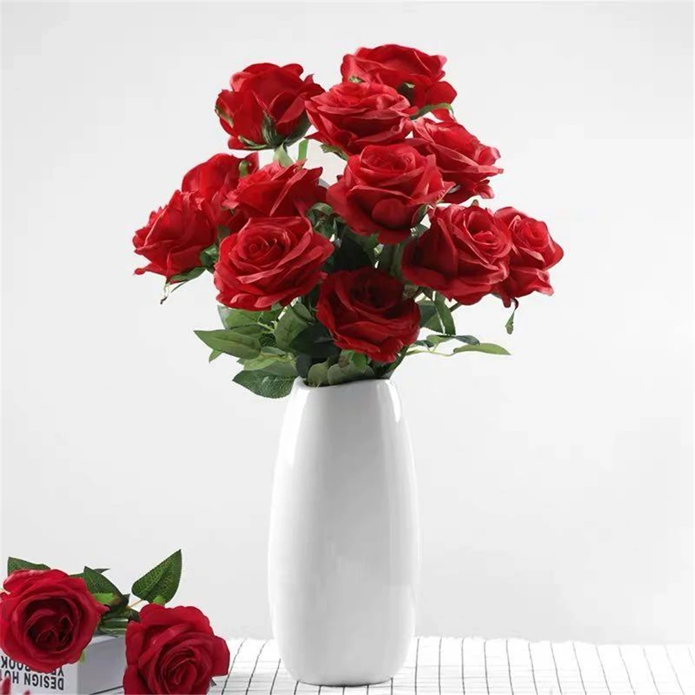 

Artificial Flower Rose Bouquet Silk Flowers Faux Plastic Artificial Champagne Roses 12 Heads Hand Tied Bouquet Home Hotel OfficE
