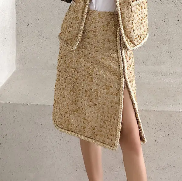 long skirt Подиумные брендовые новые женские твидовые пальто с коротким рукавом и пуговицами с люрексом Элегантные короткие куртки+ мини-юбка комплект из 2 предметов Y305 - Цвет: long skirt