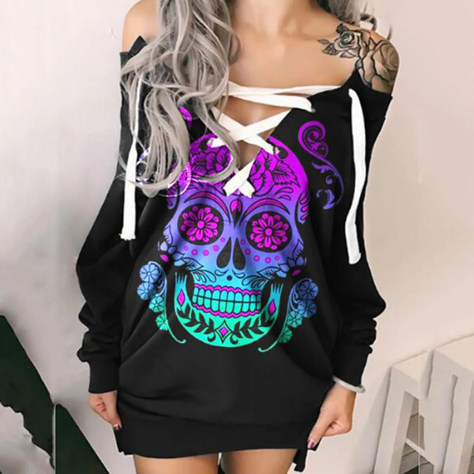 

Женское модное мини-Платье с открытыми плечами, соблазнительное белое Повседневное Платье с длинным рукавом и перекрещивающимся крестом н...