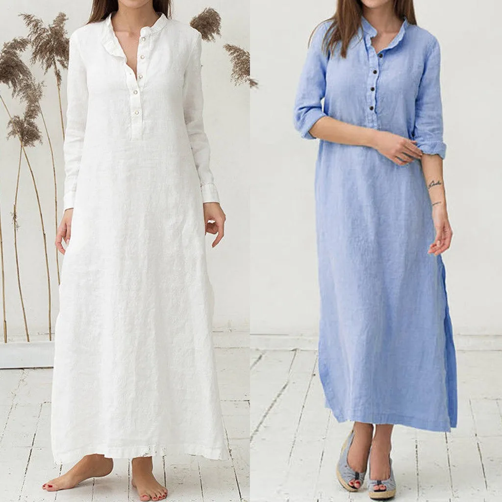 

korean dress Women's Kaftan Cotton Long Sleeve Plain Casaul Oversized Maxi Long Shirt Dress Women's dress summer dress 2020