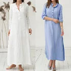 Женское Хлопковое платье-кафтан, однотонное платье-рубашка макси большого размера с длинным рукавом в Корейском стиле, летнее платье, 2020