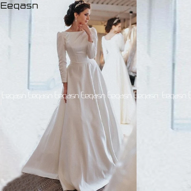 

Charming Ivory Long Sleeve A-line Satin Wedding Dresses 2020 Corset Sweep Train Bridal Dress vestido de noiva Custom