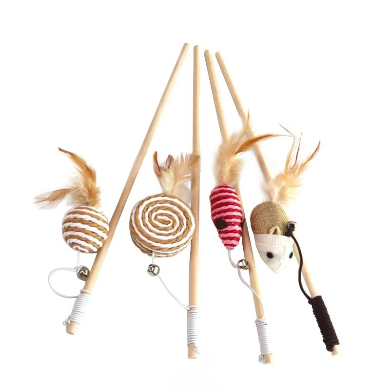 

NEW Pet Cat Teaser Toys Feather Wood Rod Mouse Toy With Mini Bell Cat Catcher Teaser Wooden Stick Cat Interactive Toys 40CM