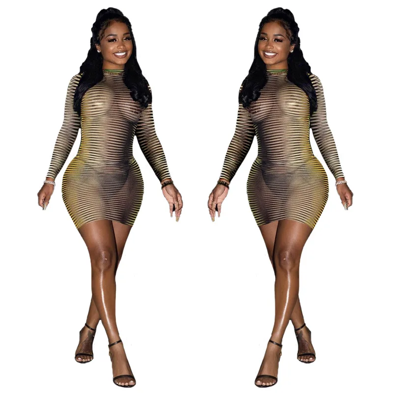 

Sexy Sheer Mesh Striped Print Mini Bodycon Dress Women Fall Chic Package Hip Streetwear Female Casual Party Club Clothes