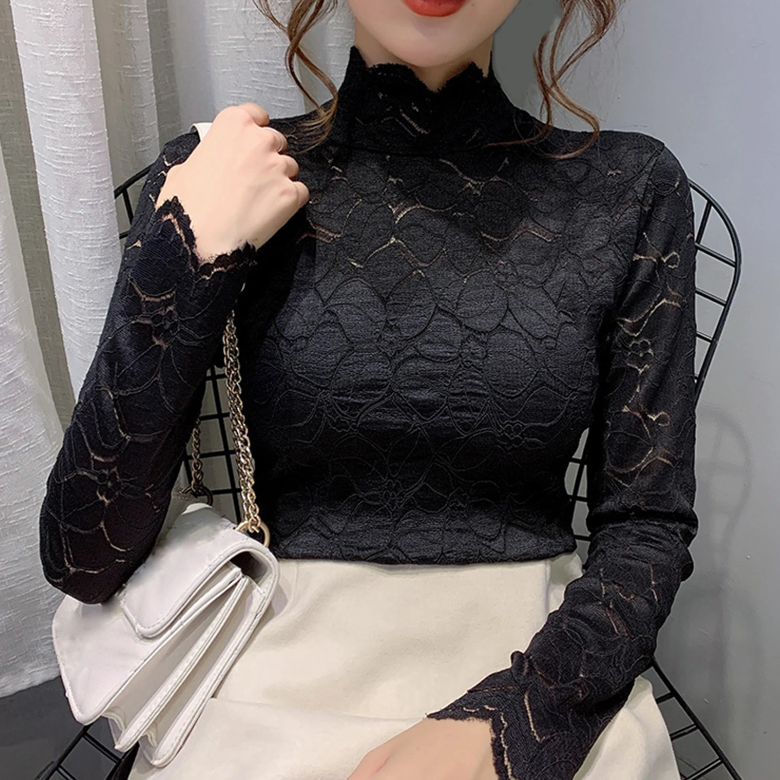 Женская Осенняя Прозрачная облегающая блузка с длинным рукавом и высоким