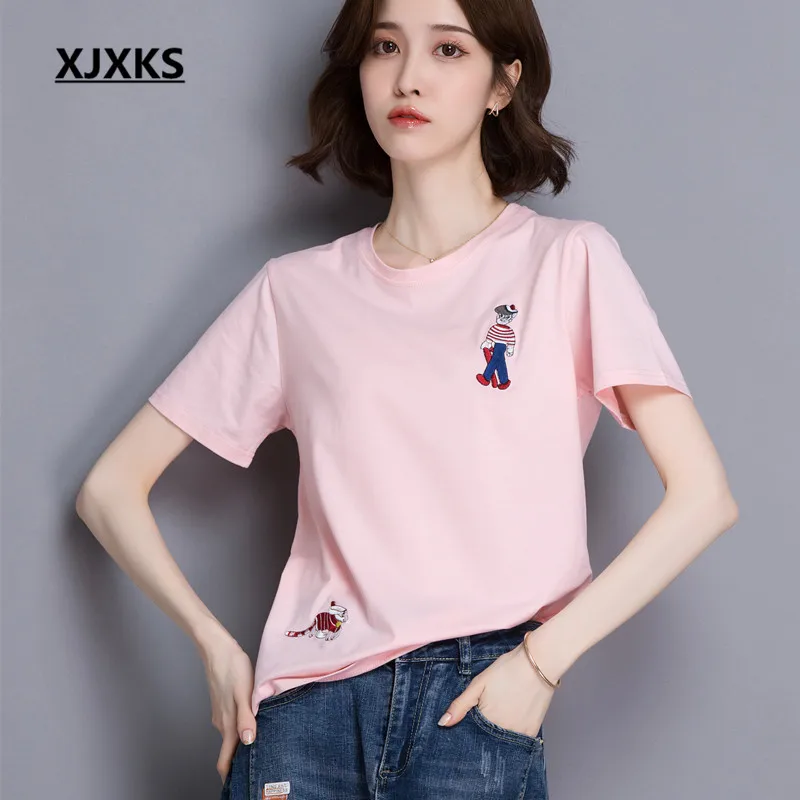 Женская футболка с круглым вырезом XJXKS Повседневная Удобная хлопковая коротким