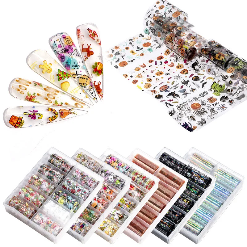 

10 Mixed Nail Art Star Transfer Paper Flower Letter Skull Rose Christmas Series Suit Nail Stickers Snowflakes Laser Designer