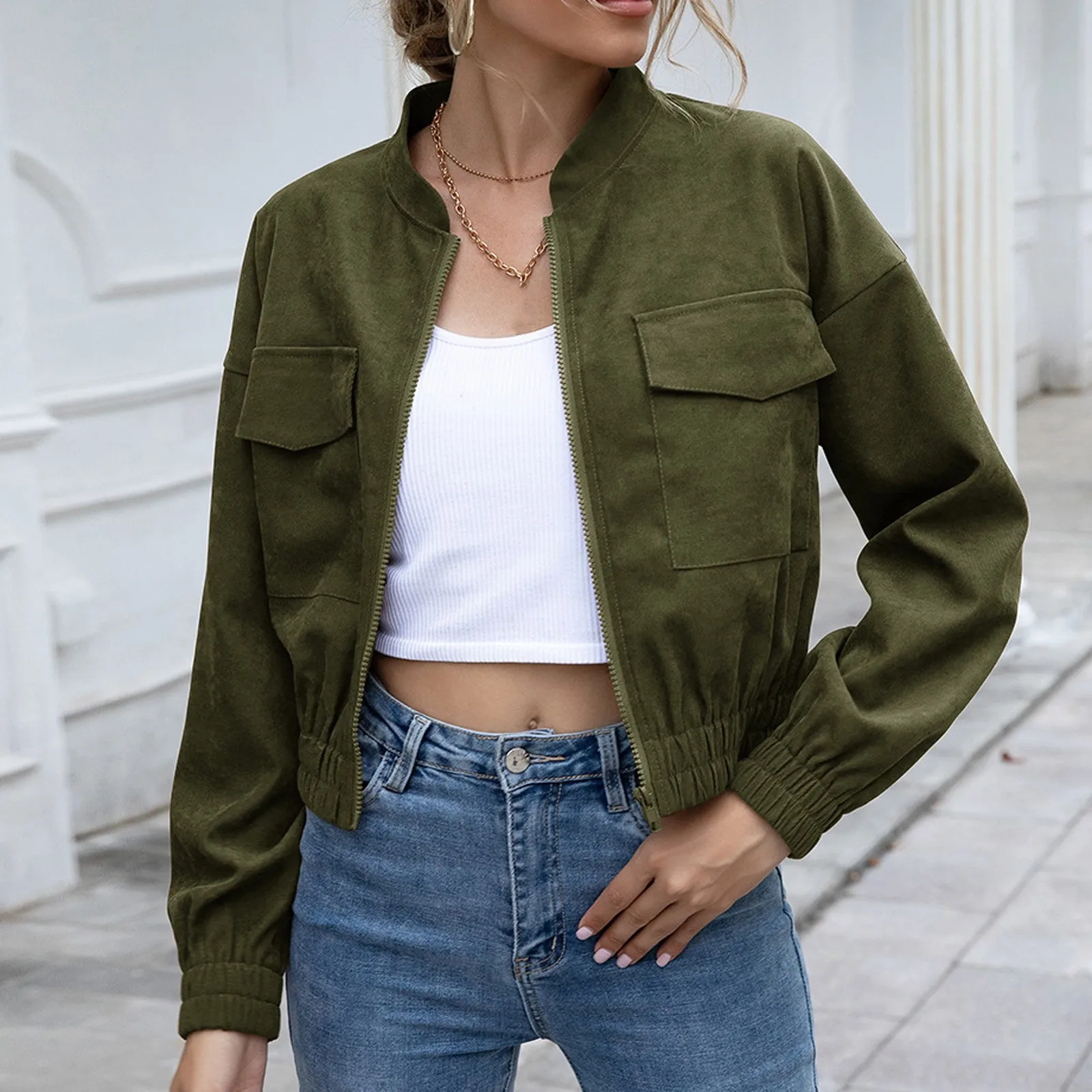 

Fashion Woman Autumn And Winter Solid Colors Zipper Jacket Harajuku Casual Long-Sleeved Ulzzang Short Coats Tops Outwear#g3