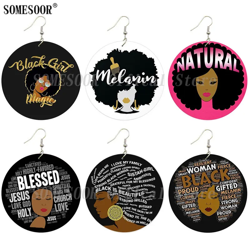 

SOMESOOR Blessed Black Woman Wooden Drop Earrings Natural Melanin Locs Hoops Both Sides Print Inspiring Sayings For Ladies Gifts