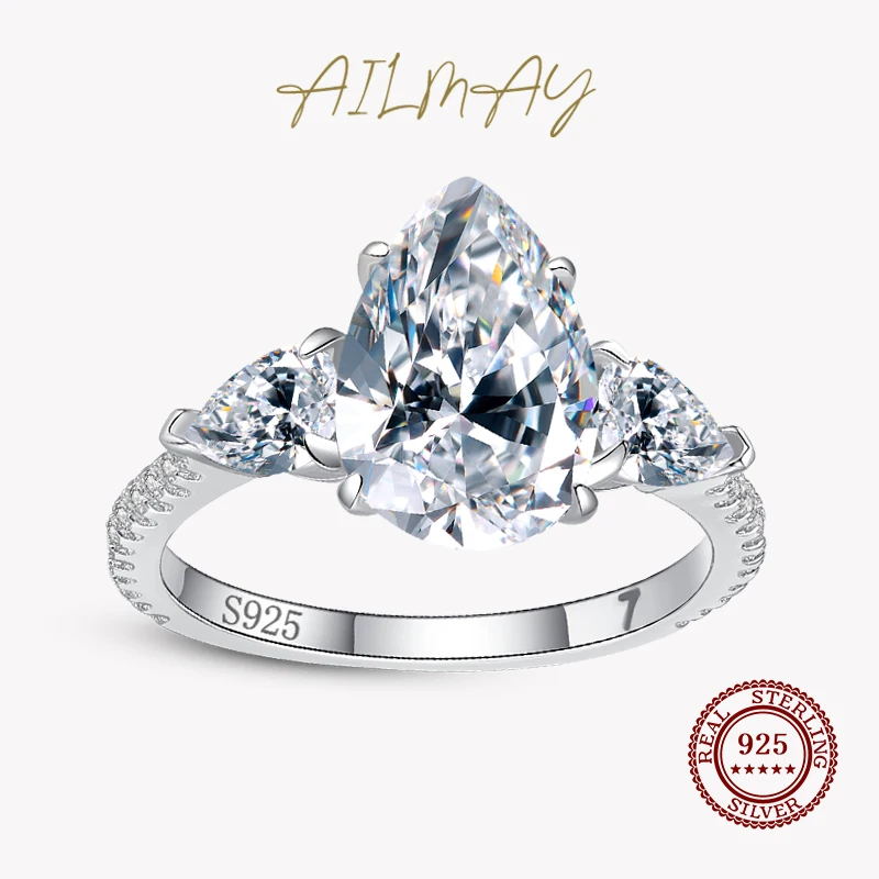 Ailmay Luxury 5ct Pear Shaped Engagement Ring 925 Sterling Silver Clear Zirconia CZ Finger Ring Fine Female Fashion Jewelry Gift