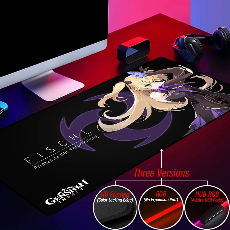 Large RGB Fischl Xiao Keqing Custom Mouse Pad HUB 2.0 USB 4in1 Genshin Impact Gaming Mousepad Customized Personalized Led Strip