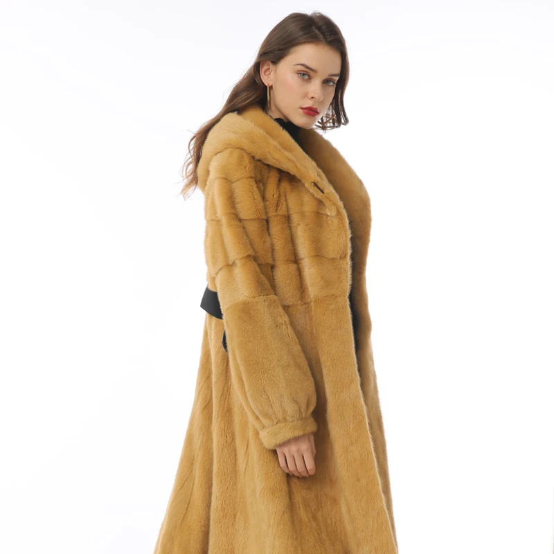 Women Real Fur Coat Long Genuine Leather Hooded Furry Winter Overcoats With Sashes Brown Slim Warm Thick Plus Size Warm Outwear
