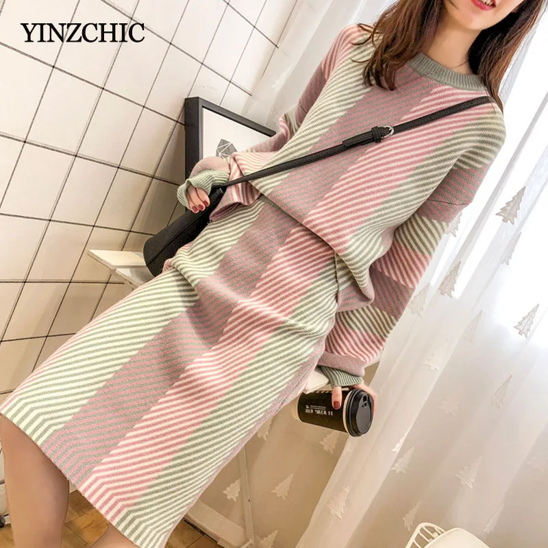 Женские вязаные костюмы Элегантные наборы юбок карандашей в полоску теплые