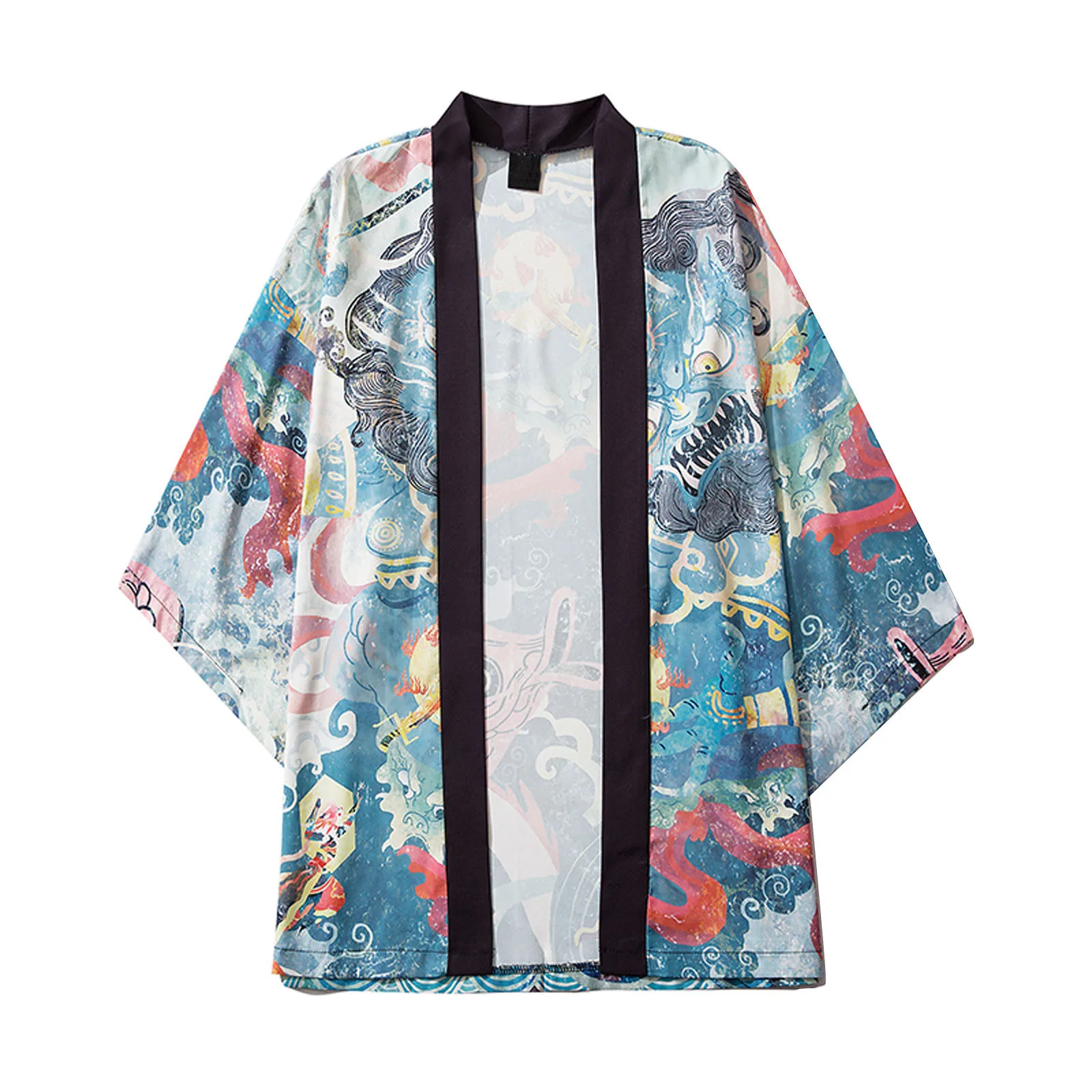 

Japanese Anime Kimono Men Casual Loose Shirts Open Front 3/4 Sleeve Japanese Ethnic Shirts Print Cover Up Cardigan Blusas Camisa