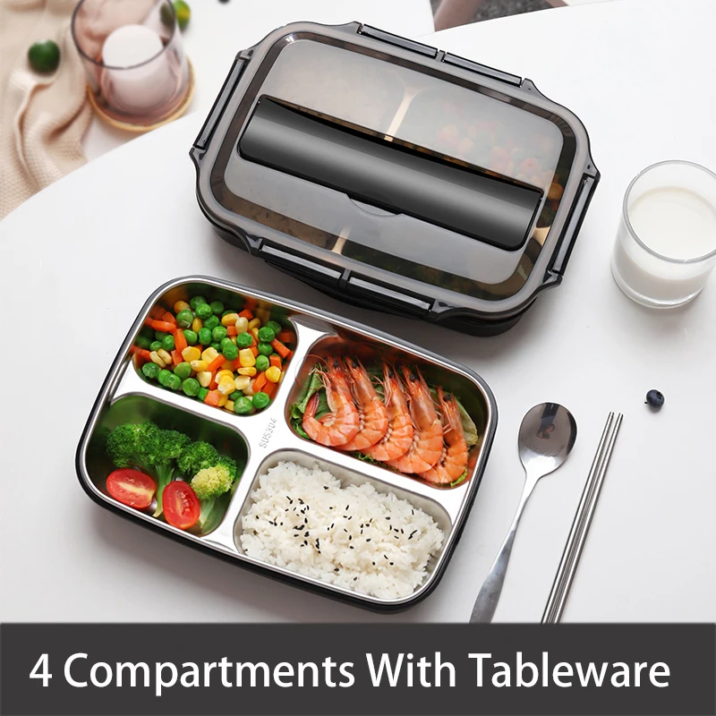 black w tableware-4 Нержавеющая сталь Термальность контейнеры для еды с отделениями, Герметичная Кружка-порционная коробка Bento для хранения еды контейнер для пикника, офисные школьные Ланч-бокс - Цвет: black w tableware-4