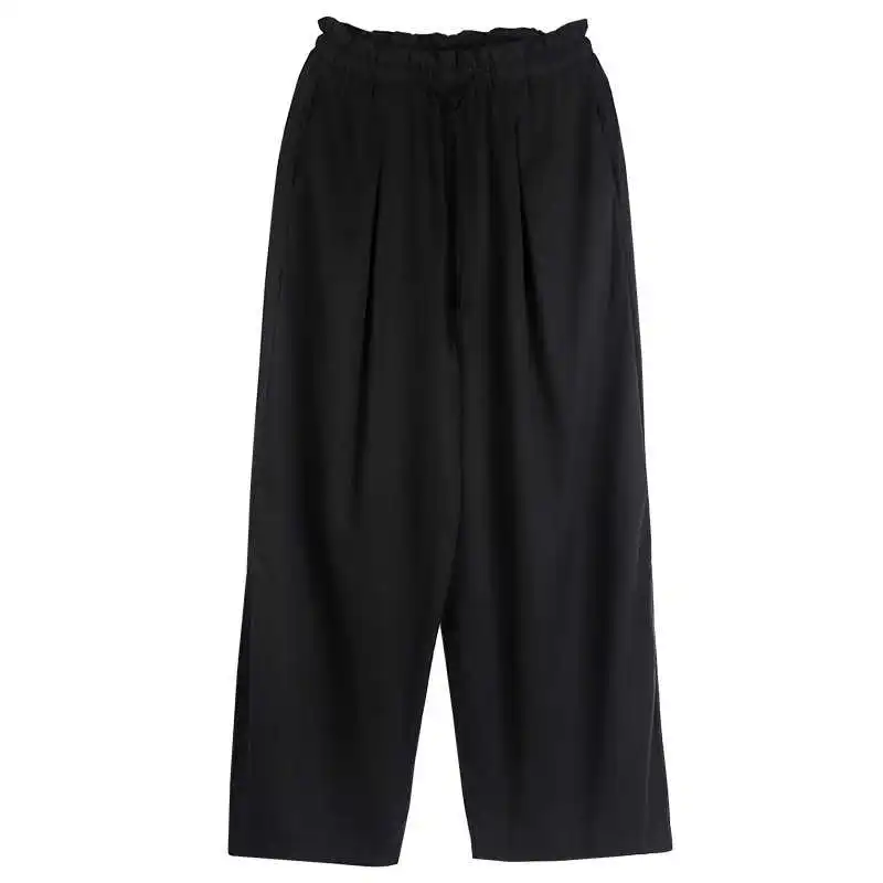 

LANMREM Large Wide Leg Pants 2021 Summer Side Split Elastic High Waist Straight Drawstring Pants With Pockets Female 2D4030