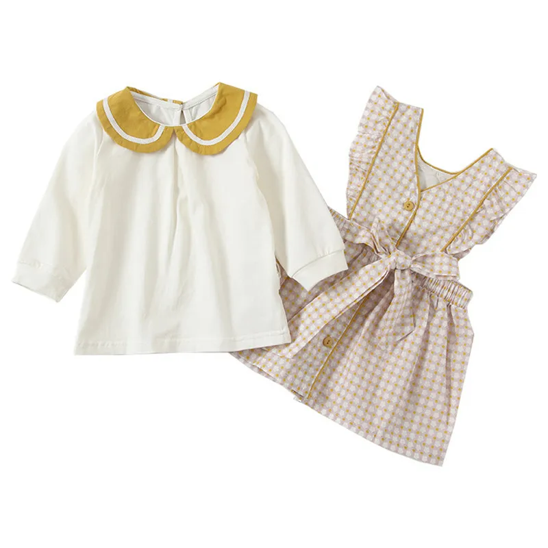 

Baby Long Sleeve Clothes Girls Cotton Peter Pan Collar Tops+Plaid Dresses 2pcs/set For Toddler Children Casual Clothing Set
