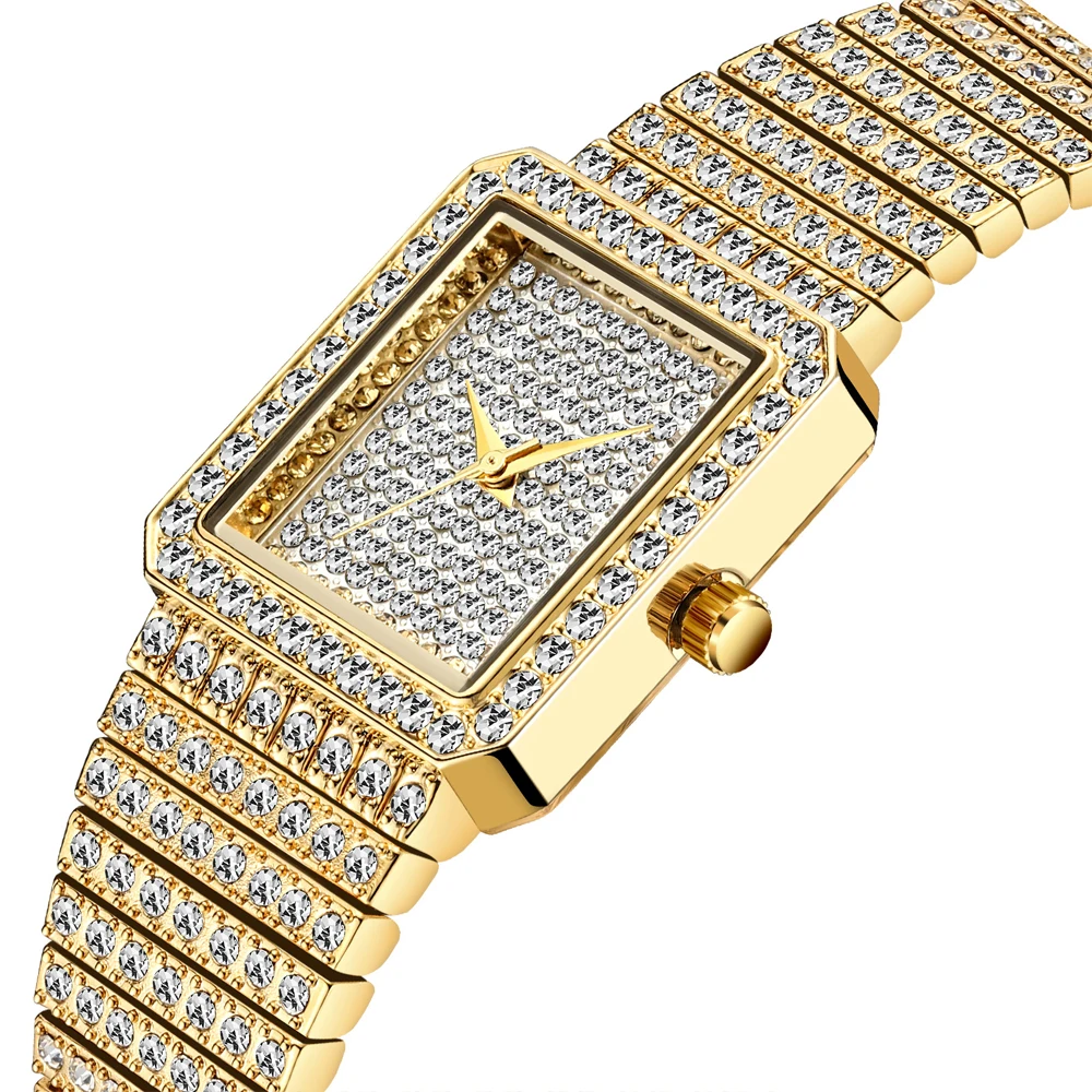 

Hip Hop Ladies Square Watch Luxury Bling Diamond Fashion Female Clock Golden Square ICE OUT Ladies Watch reloj mujer new