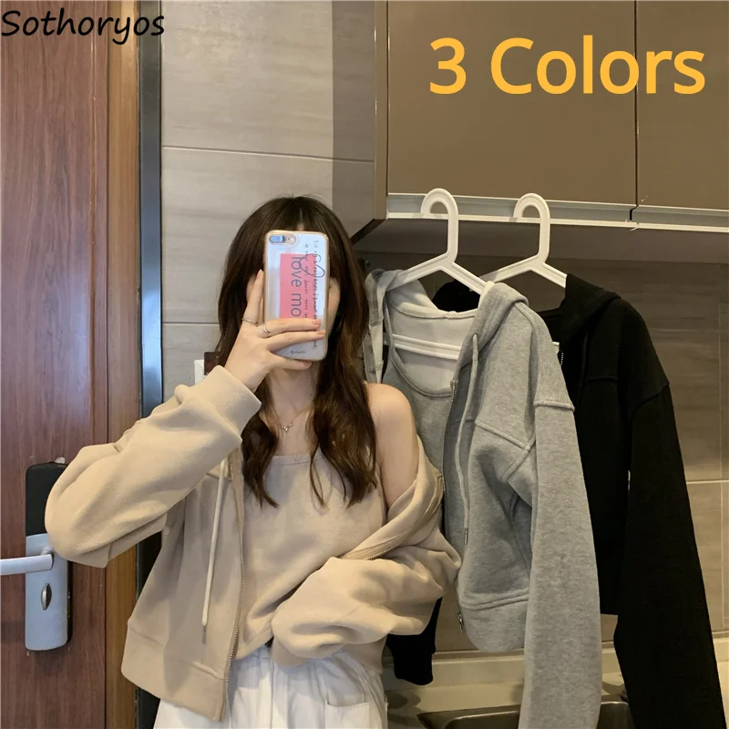 

Толстовка Женская на молнии, однотонный Свитшот короткого стиля, мешковатая простая уличная одежда в Корейском стиле, шикарная тонкая одеж...