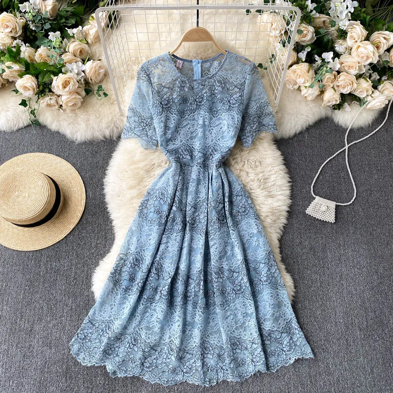 

Summer 2021 New Fashion Temperament Vestidos Female Round Neck Wear French Elegant Lace Sweet Midi Dress GK570