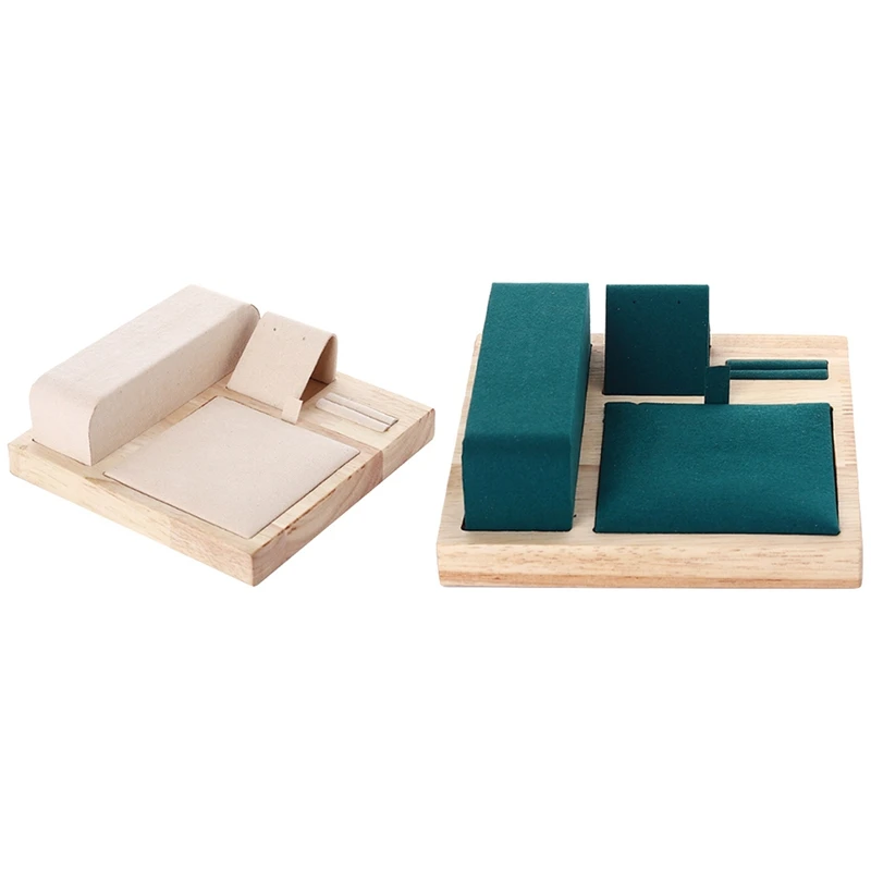 

2 Pcs Bamboo Wood Jewelry Display Tray Jewelry Set Earrings Necklace Display Jewelry Display Stand, Beige & Green