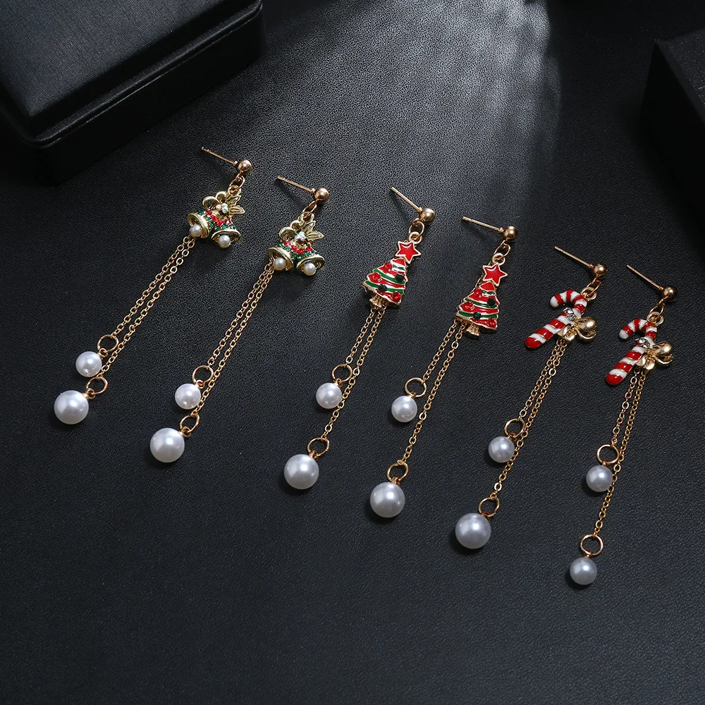 

Long Chain Pearl Hanging Earrings Christmas Tree Bells Stud Earrings Holiday Jewelry Gifts For Women And Girls