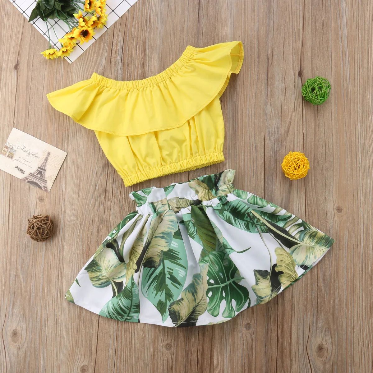 Новое поступление желтый укороченный топ с оборками для маленьких девочек юбка