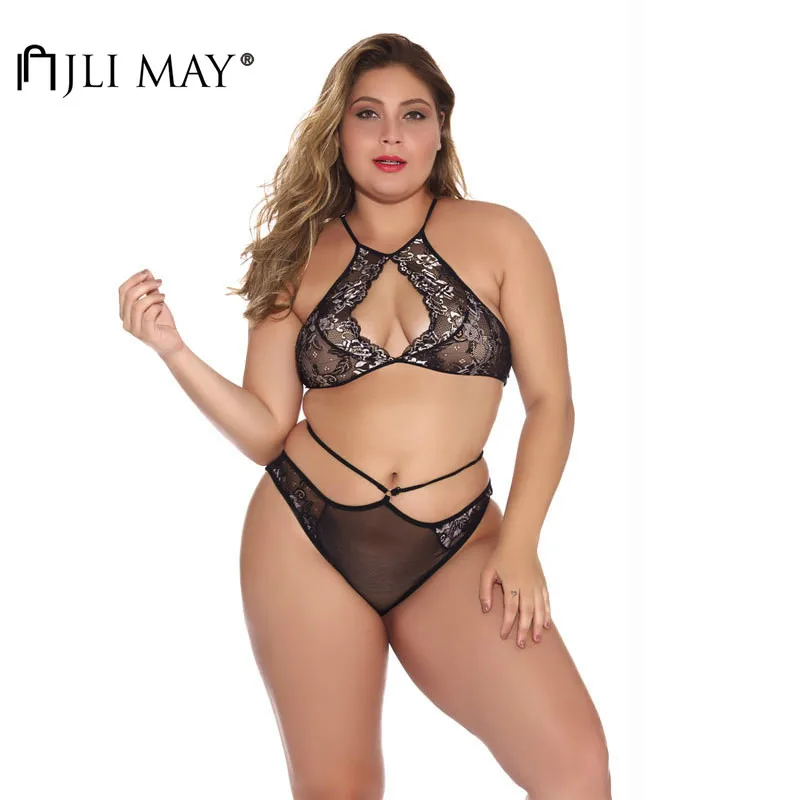 

JLI MAY Women's Sexy Exotic Sets Solid Halter Hollow Out Cross Backless Slim Lace Plus Size Lingerie Set