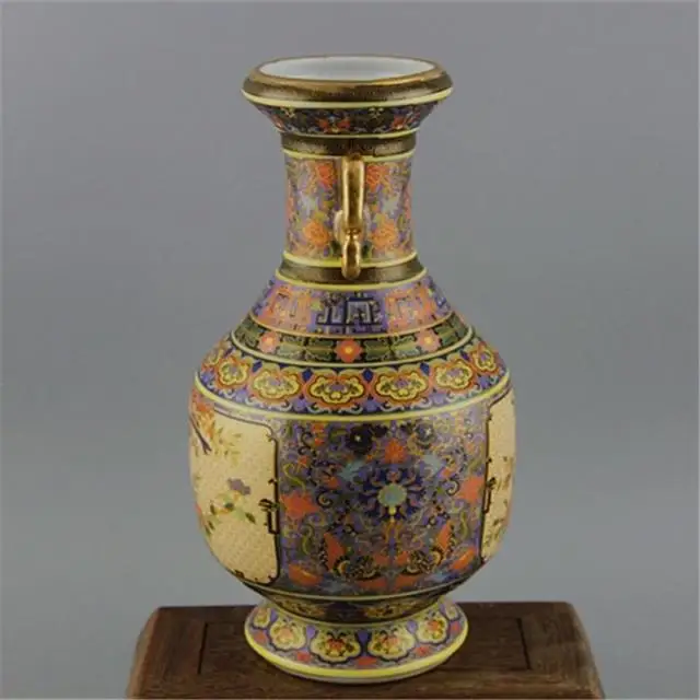 Эмалированная цветная Цветочная птица с узором династии Цин Золотая ваза